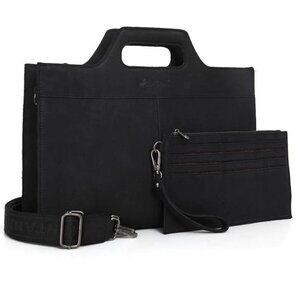 MONTANA WEST Black Genuine Leather Laptop‎ Case Tote & Wristlet Set NWT